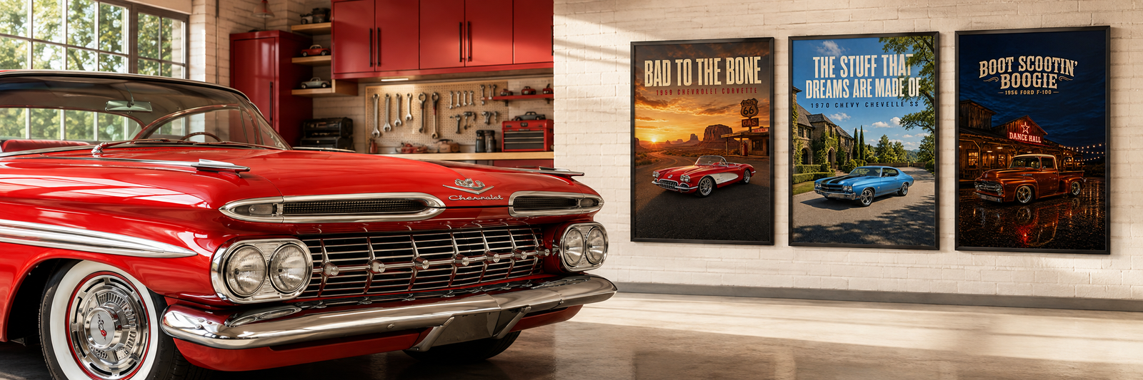 About Red 1959 Chevrolet Impala with three PosterJar automotive posters in a bright garage