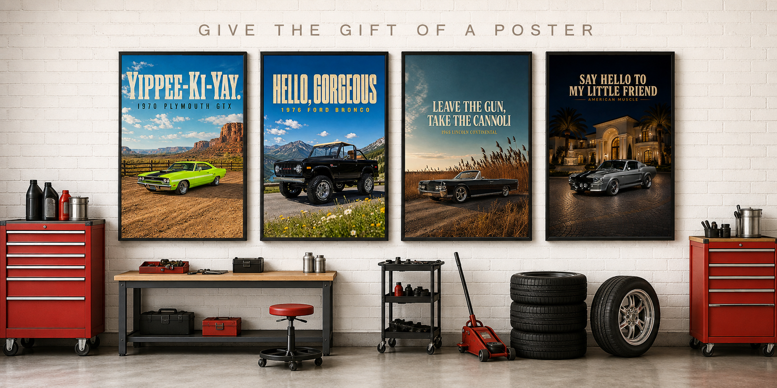 Give the Gift of a Poster — classic automotive posters in a bright garage